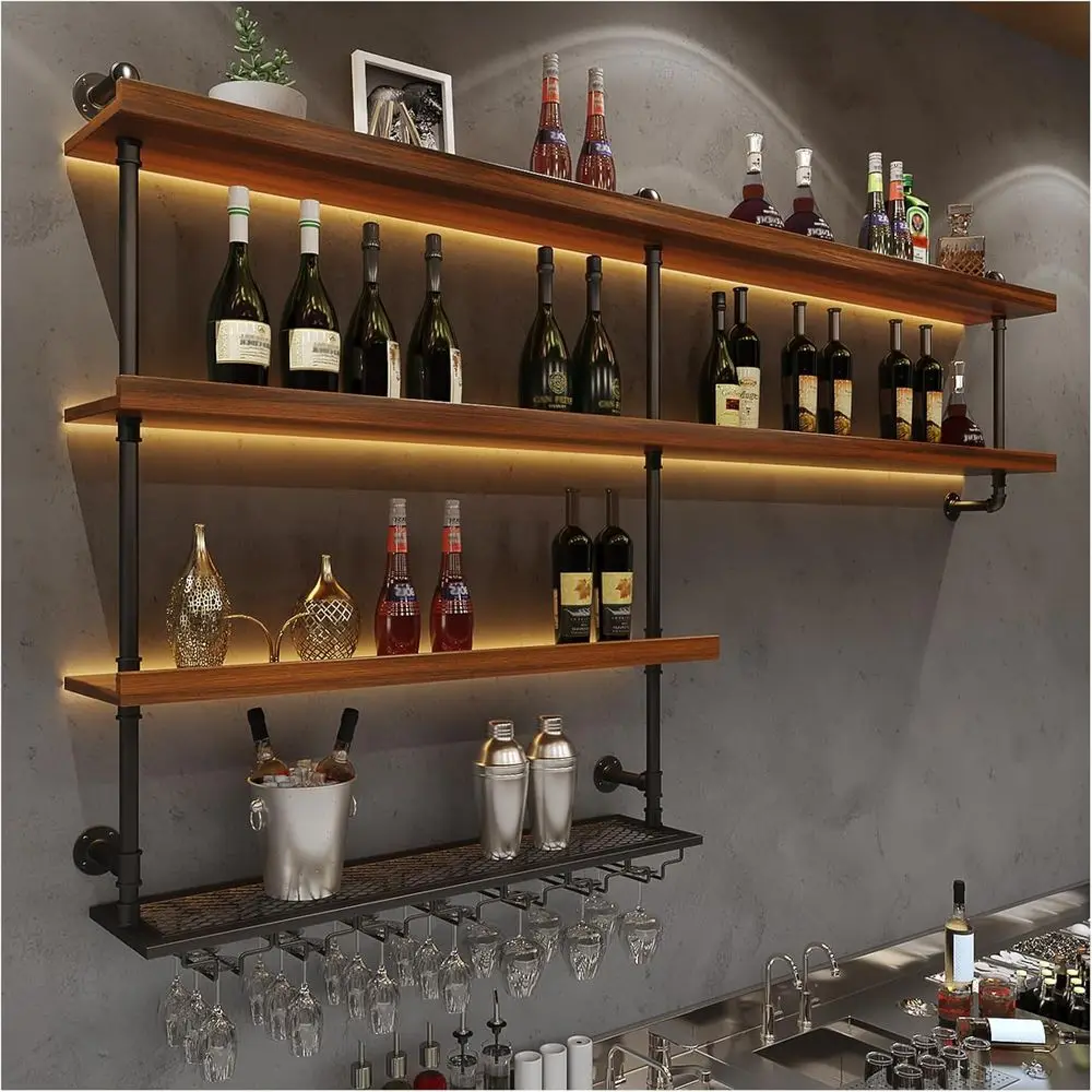 

Large 4-Tier Wall-Mounted Wine Rack with LED Light, Glass Holder, and Floating Shelves for Home Bar and Dining Room (51.2/130cm)