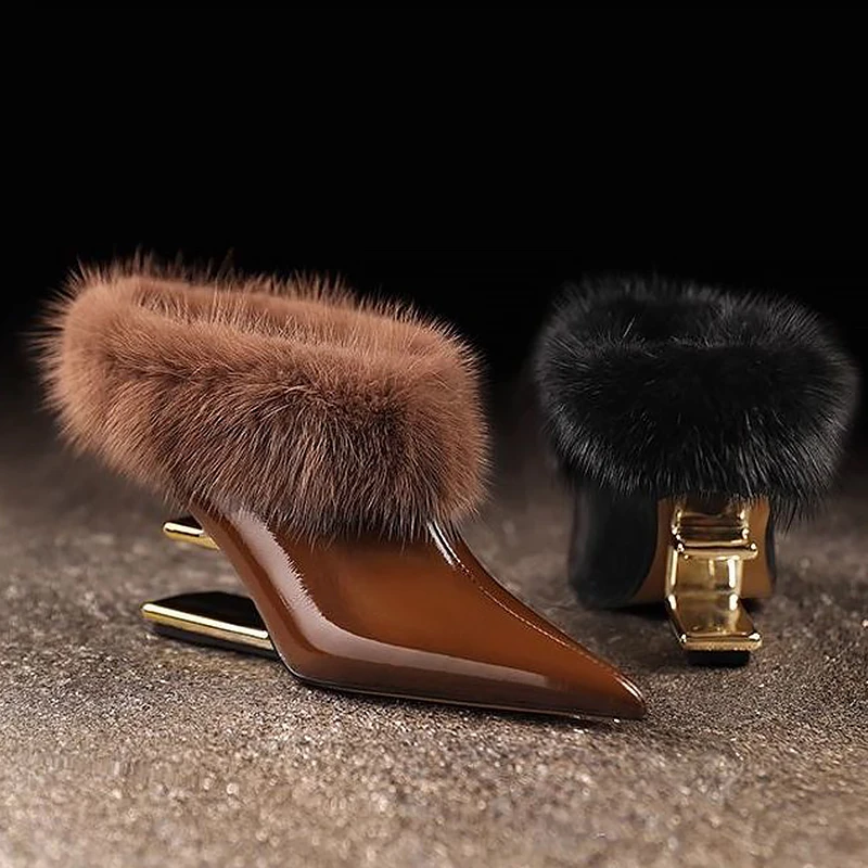 

Elegant Woman Heeled Shoes Winter Plush Fluffy Mules Fashion Pointed Toe Soft Pu Leather Womens Shoes Banquet Ladies Pumps