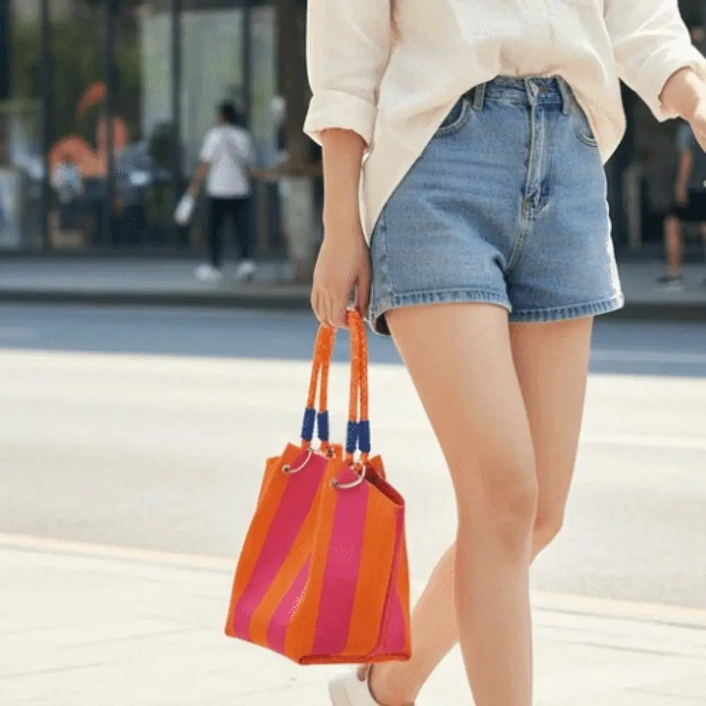 

Sweet Women Knitted Handbag Japanese Style Korean Style Stripe Small Bag Contrast Color Magnetic Button Handheld Commuting Pouch
