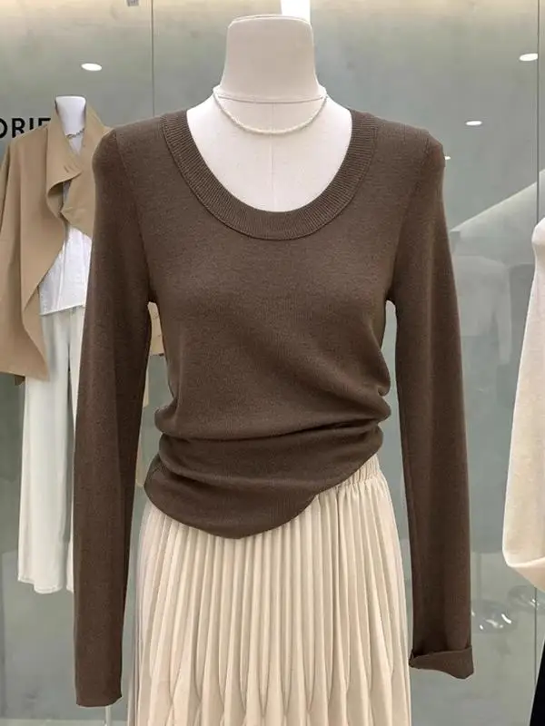 

Женский трикотажный топ с длинным рукавом и U-образным вырезом в американском ретро-стиле, базовый слой, утягивающий, больших размеров, осенне-зимняя мода, Ins