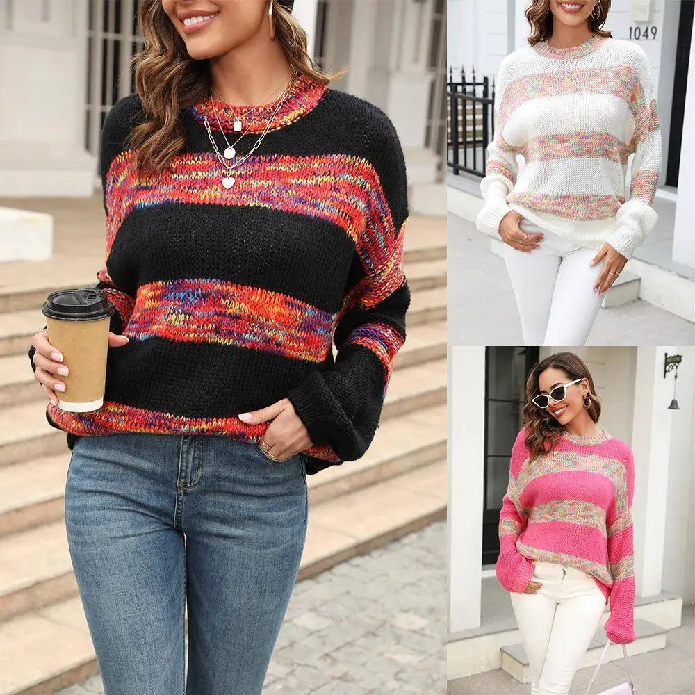 Spring 2025 Loose Fit Women's Knitwear round Ne Spliced Faionable Overhead Sweater Long Sve Traditional Sle Camere