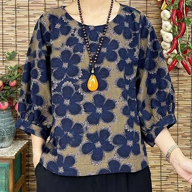 2024 Spring/Summer New Cotton and Hemp Top Women\'s Ethnic Style Women\'s Eighteen Split Sleeve Top Mom\'s Fashionable Temperament