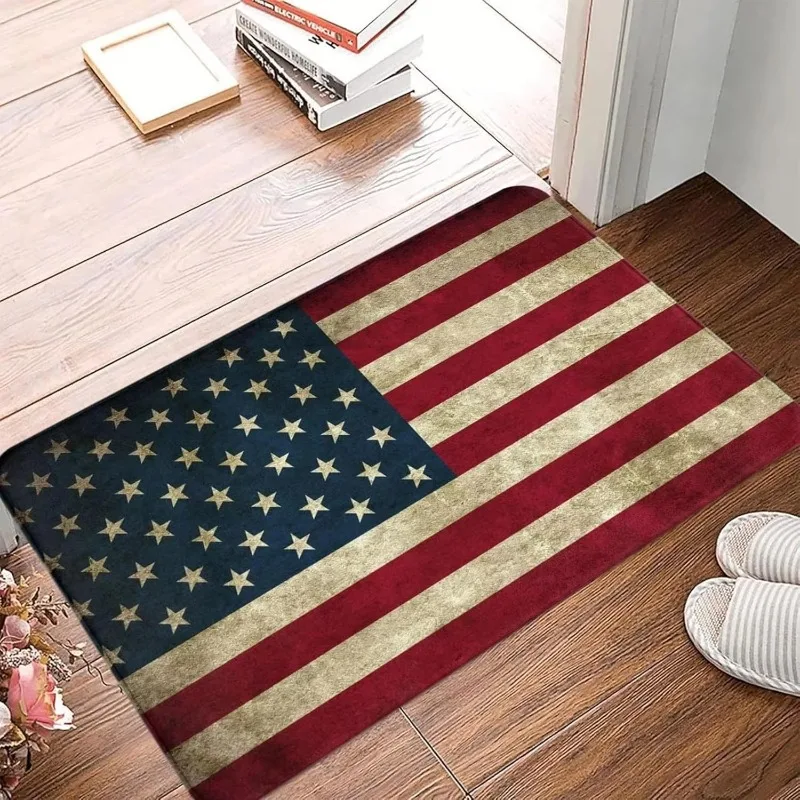 Vintage American Flag Print Non Slip Indoor Entryway Rug Patriotic Retro Wood Grain Home Front Door Decor Flannel Door Mat