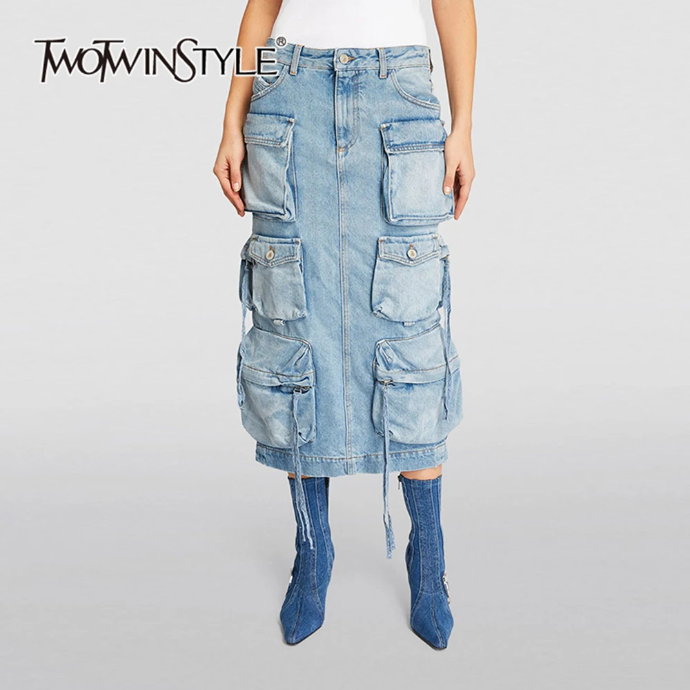 TWOTWINSTYLE Solid Spliced Buttons Casual Denim Skirts For Women High Waist Patchwork Pockets Split Loose Skirt Female Fashion