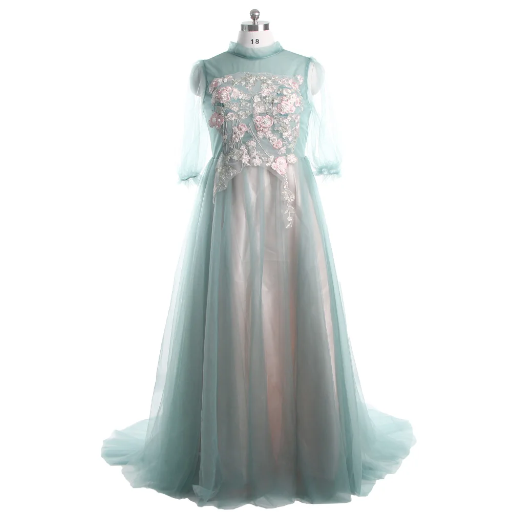 

Evening Dresses Green Tulle High Collar illusion Three Quarters Sleeves Appliques A-line Train Plus Size Women Party Dress E084