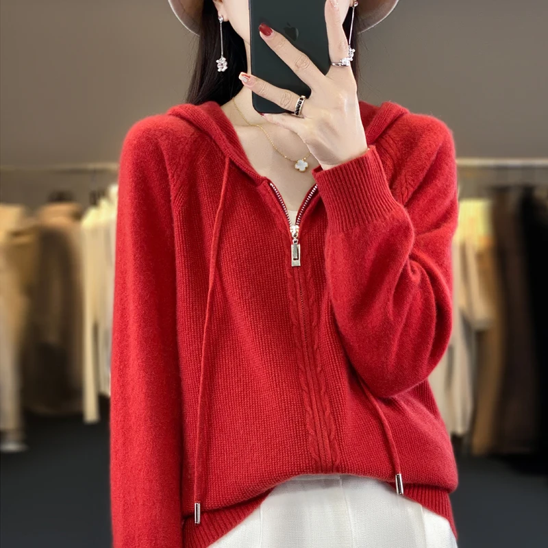 

Теплые осенне-зимние вязаные свитера с длинными рукавами, женские кардиганы, свитер с капюшоном и двойной молнией, однотонные свободные повседневные кадиганы