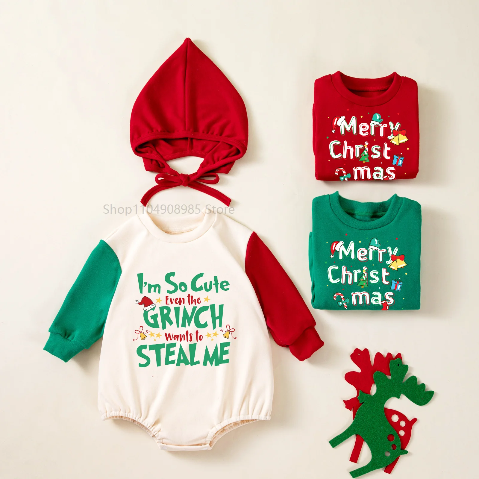 

Первый рождественский наряд для новорожденных, рождественский комбинезон с длинными рукавами и шапкой, свободная детская одежда для первого Рождества, новогодняя милая одежда для малышей