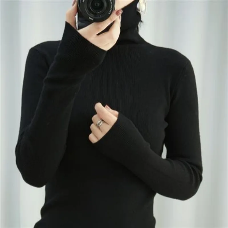 Turtleneck Slim Solid Color Knitting Bottoming Shirt Women Autumn Winter Simplicity Long Sleeve Sweater Casual Knitwear Tops