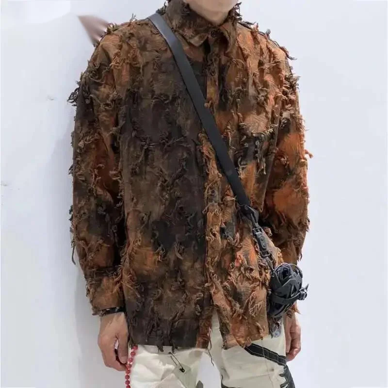 Tie Dye Patchwork Shirts Men's Turn-down Collar Long Sleeve Tops Personalized Single Breasted Tassel Male Clothing B68D