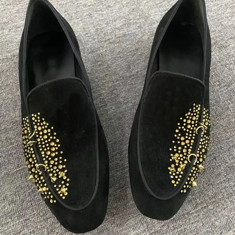 

Luxury Gold Rhinestone Shoes Men Suede Loafers Fashion Handmade Mens Rivet Shoes Slip On Casual Flats Party And Prom Shoes