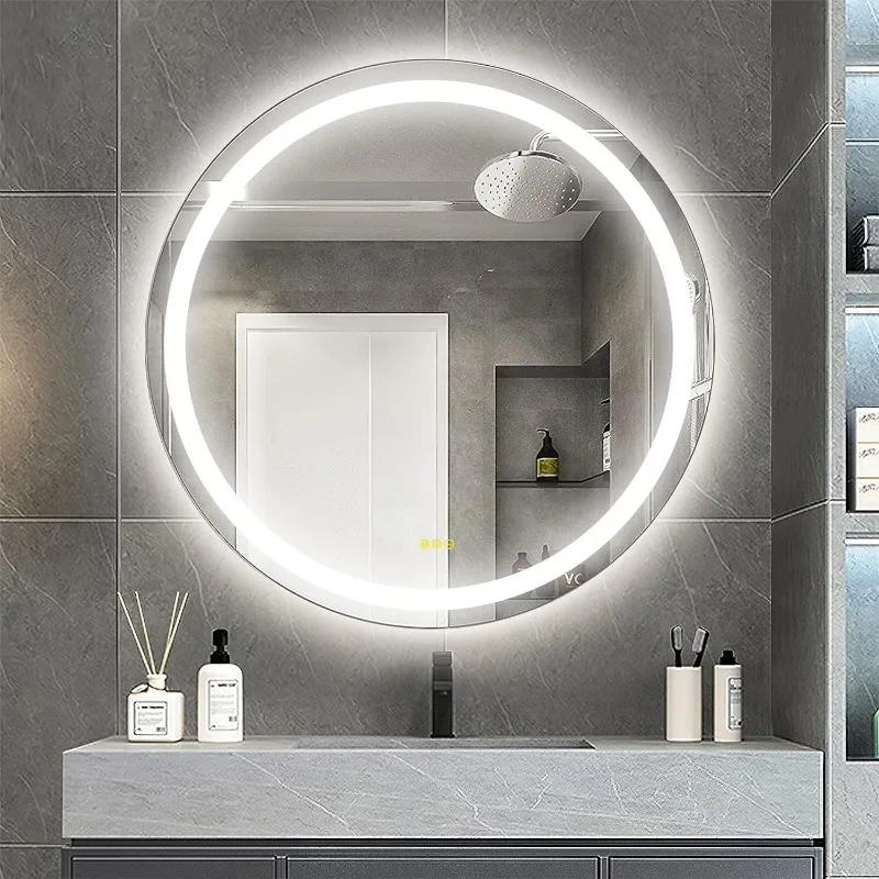 LED Lighted Bathroom Mirror 24inch Round Bathroom Mirror 3 Colors Light Dimmable Wall Mounted Bathroom Mirror with Lights Smart