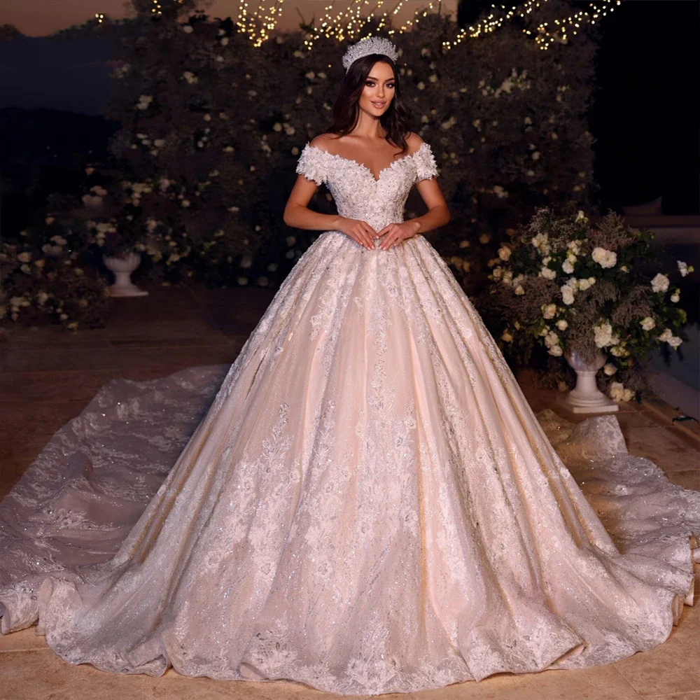 Flavinke Customized Exquisite Bling Lace Beading Pearls Floral Prints Ball Gown Wedding Dresses 2025 With Train Vestido De N