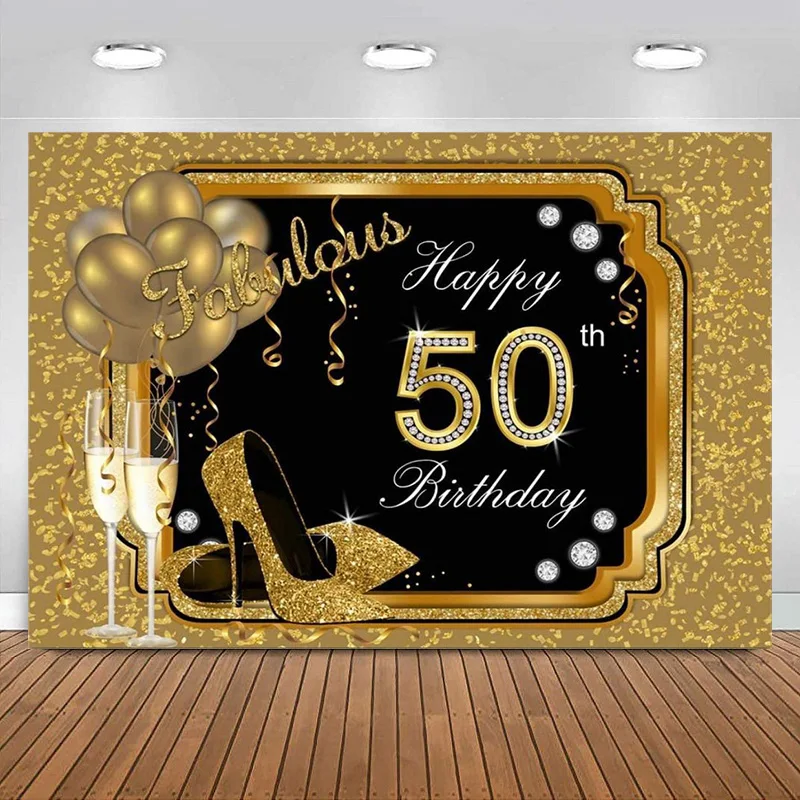 Happy 50th Birthday Backdrop for Women Black Gold Birthday Photography Background Glitter Balloons High Heels Banner Decoration