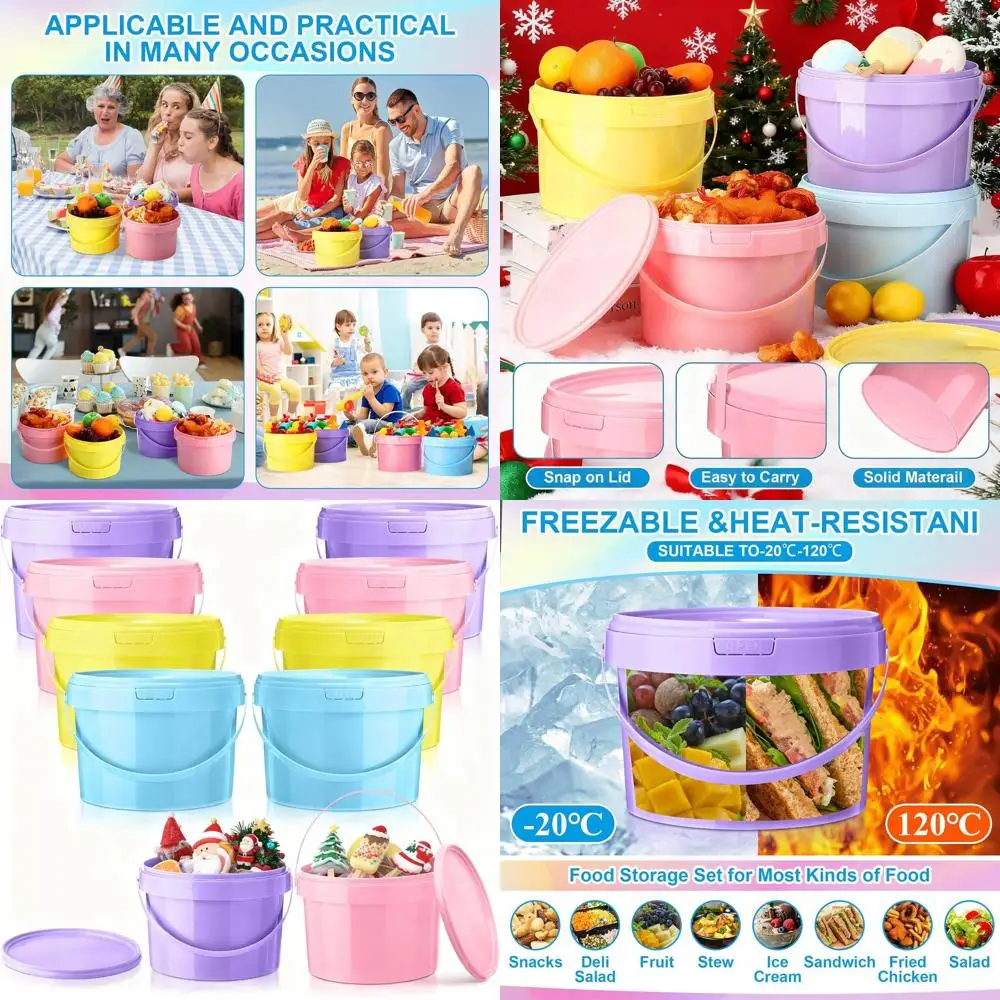 

8-Pack Colorful 1-Gallon Round Plastic Food Storage Buckets with Lids and Handles for Holiday Parties and Multipurpose Use