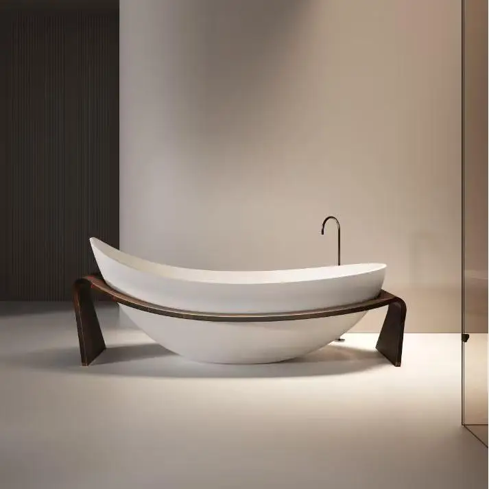Free-standing eco-friendly air massage soaking tub dark wood pattern frame drain solid surface artificial