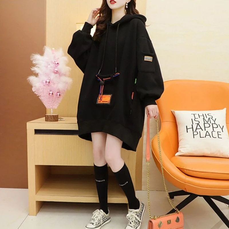 Black Autumn And Winter Female Hooded Top Y2k Style Matching Essential Vintage 90s Cold Warm Women's Hoodies Sweatshirts Thick