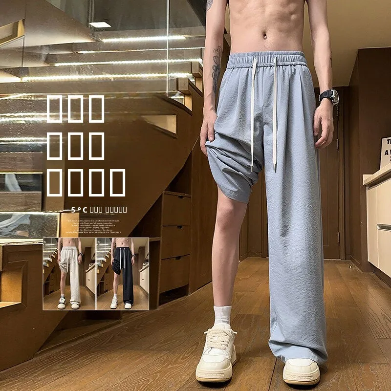 

Ice Silk Men's Summer Thin Sun Protection Straight Leg Loose Drapey Wide Leg Pants Casual Long Trousers Trendy Floor-Length