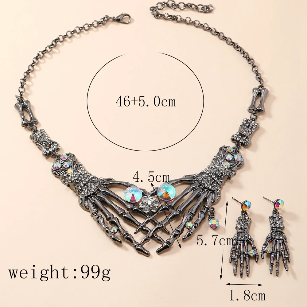 New Halloween Jewelry Sets Gothic Punk Rhinestones Bone Ghost Hand Necklace And Earrings For Women Easter Accessories