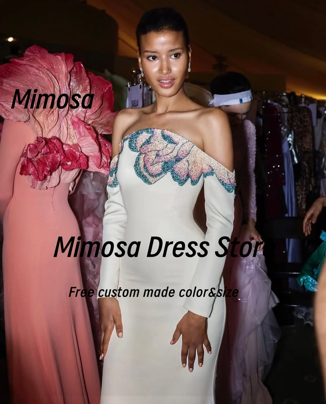 Mimosa Long Sleeves Prom Dresses 2025 Colorful Beading Strapless Evening Party Dress Zipper Back Robe De Soirée Customized