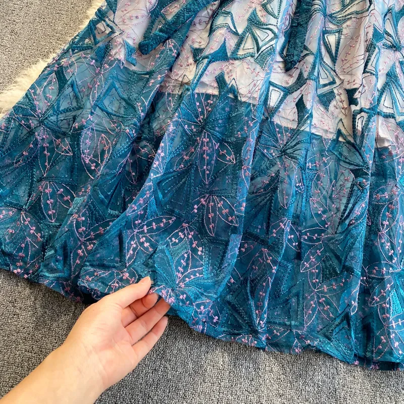 New Vintage Floral Embroidered Short Sleeve Blue Mesh Dress Women Elegant Wavy Edge V Neck Lace-Up Boho Lace Embroidery Vestidos