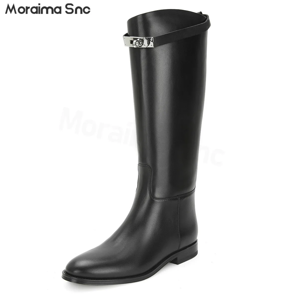 

Silver Lock Decorated Boots Black Gray Round Toe Personalized Knight Boots Fashionable and Casual Daily Boots for Women