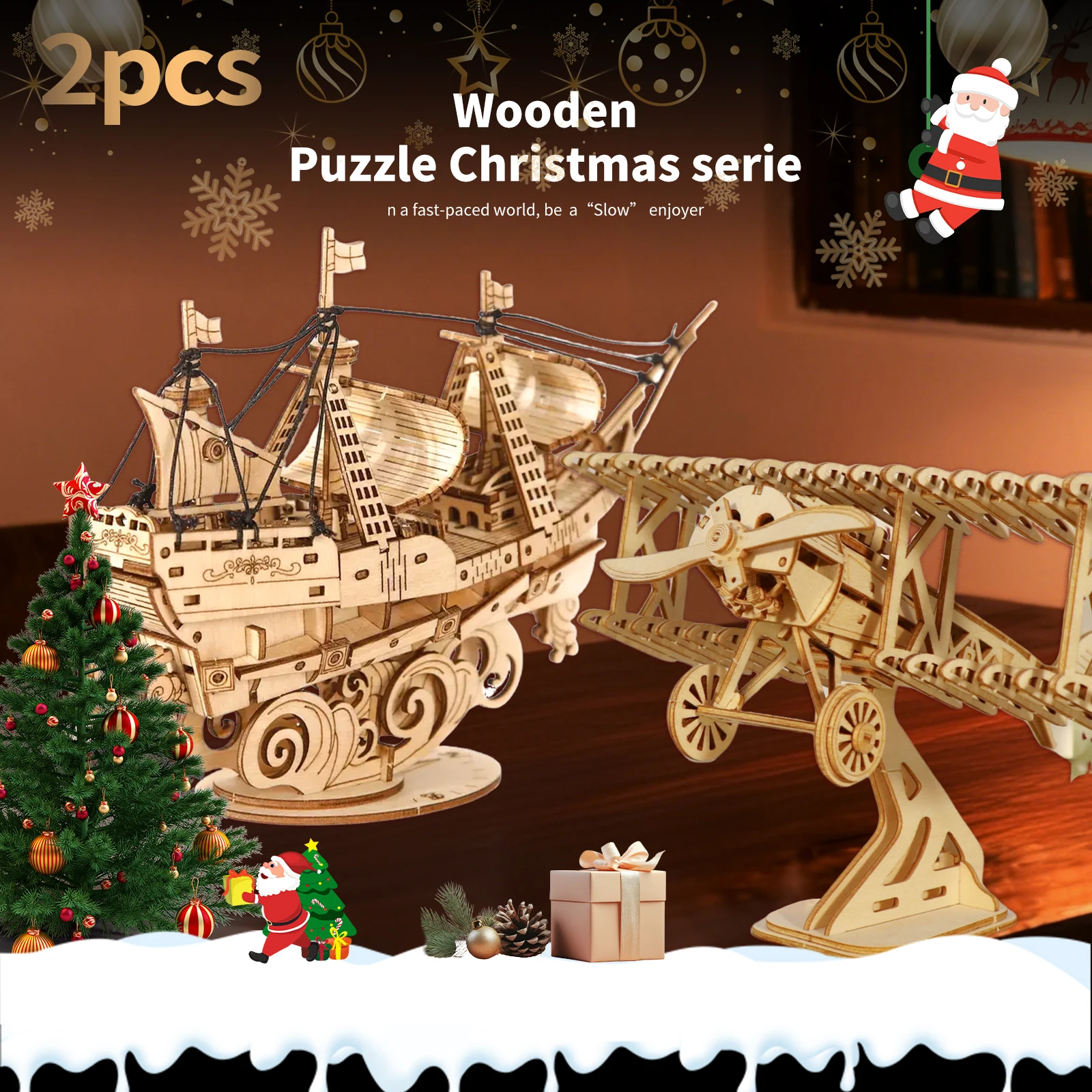 

2pcs 3D Wooden Puzzle Wood DIY Craft Bi-Plane And Ocean Sailboat Model kits Handmade Birthday Christmas Gifts