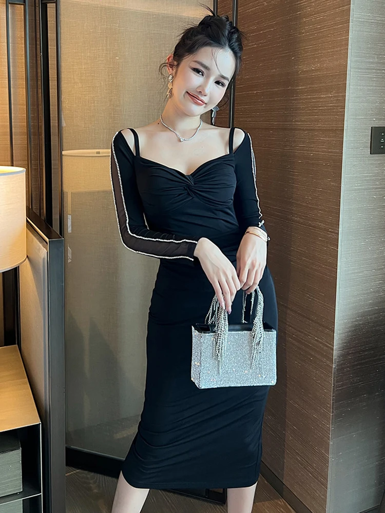 فستان سهرة نسائي أنيق بمزاج أسود مثير شفاف منخفض القطع مكشوف الأكتاف طيات فستان حفلات ميدي رداء نسائي #1