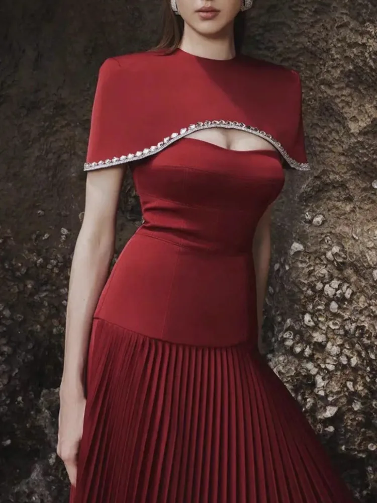 BJTZ 2025 겨울 투피스 케이프렛 비즈 플리츠 이브닝 드레스 디자이너 우아한 편안함 미니멀리스트 럭셔리 프리미엄