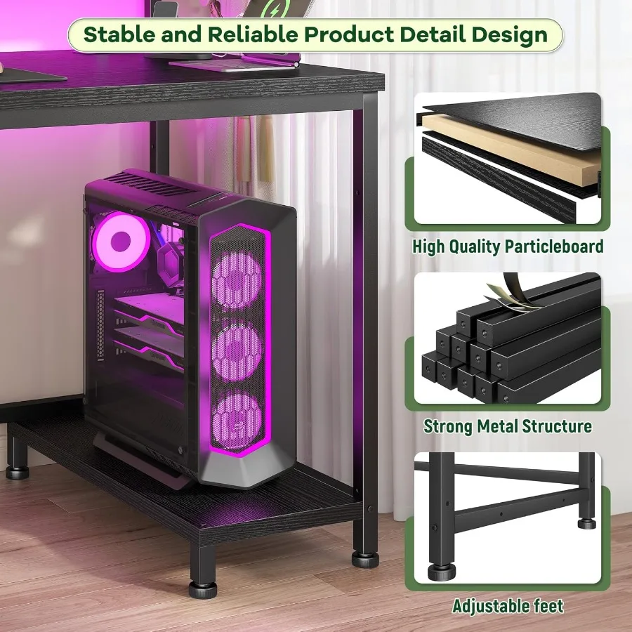 39.3 Adjustable Gaming Desk with Builtin Power Outlet and Ambient LED Lights Compact Computer Desk Featuring HeightAdjustable M