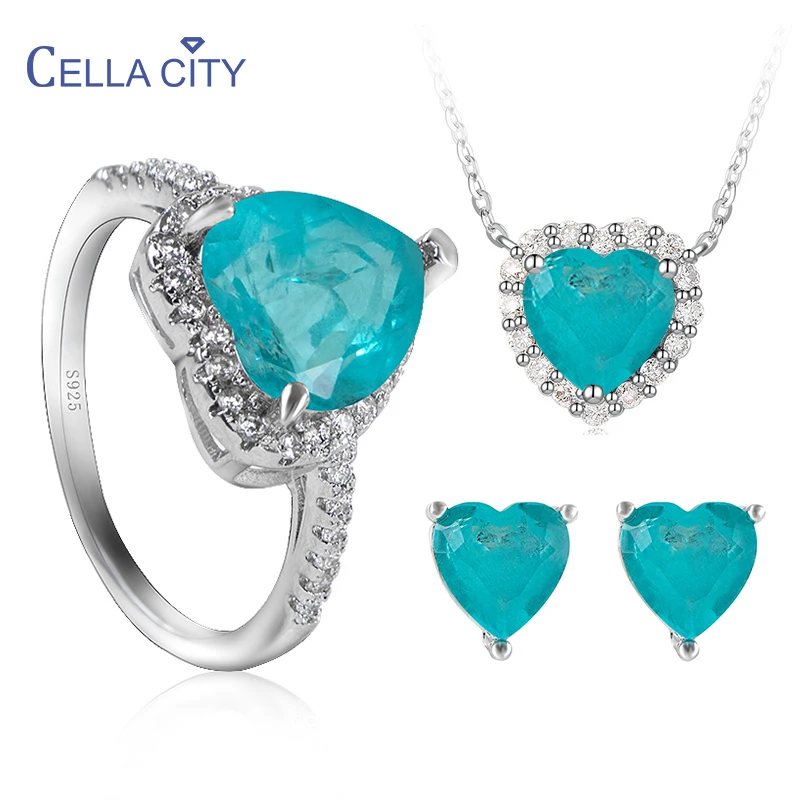 

Cellacity Classic 925 Sterling Silver Jewerly Sets With Heart Shape Emerald Paraiba Color Gemstones Wedding Party Jewelry Gift