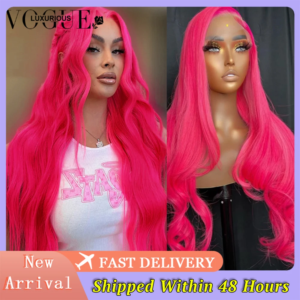 Perruque Lace Front Wig Body Wave brésilienne naturelle, cheveux humains, couleur rose vif, 13x4, pre-plucked, transparent, adt, 30 pouces