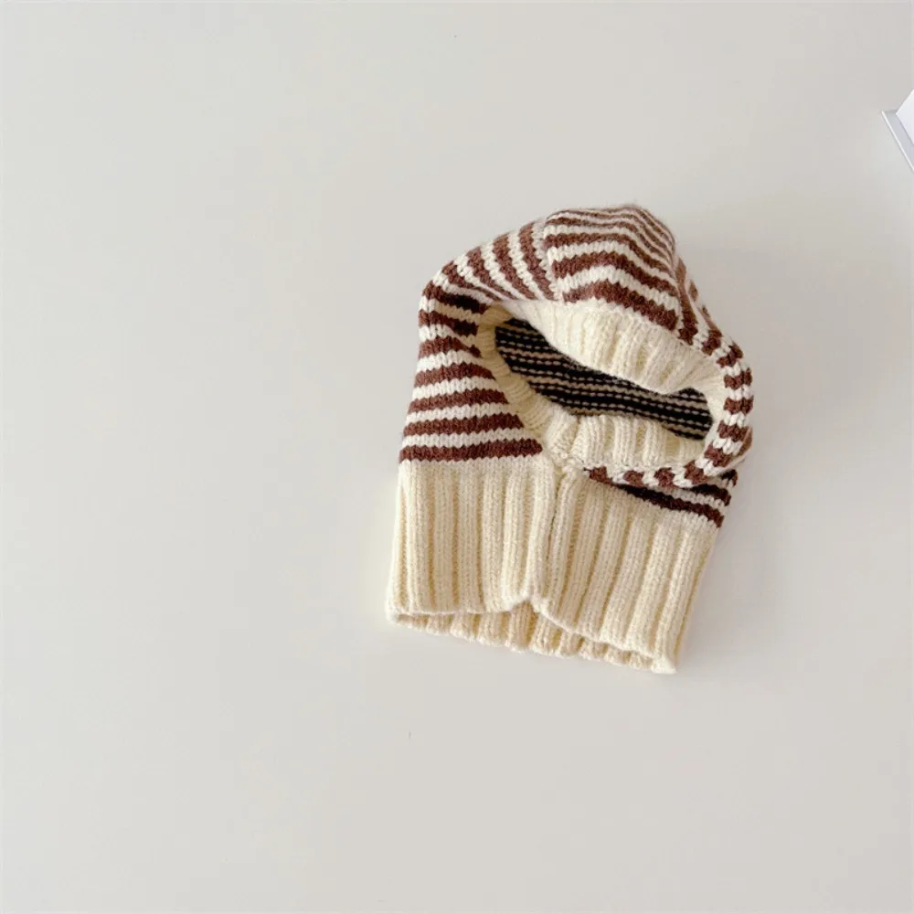 

Striped Design Winter Kids Scarf Knit Material Ear Protection One-Piece Hat Hooded Style Balaclava Shape Baby Hooded Beanie