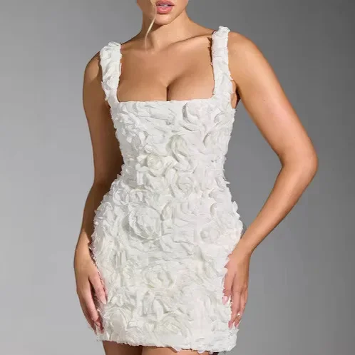 Sexy Square Collar Flower Slim Fit Sexy Fashion Sleeveless Strap Suspender Jumpsuit Short Skirt 3D Floral Evening Short Dresses