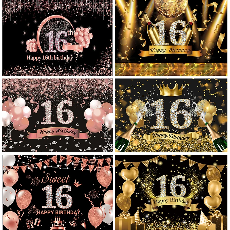 

Background Sweet 16 Party Decorations Girl Pink Custom Backdrop 16th Birthday Banner Black Gold Balloons Sixteen Years Old Photo