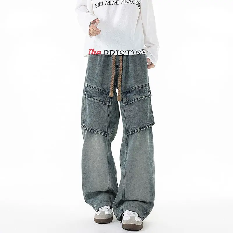 بنطال جينز رجالي مقاس كبير كاجوال أمريكي واسع الساق مع جيوب متعددة بنطال عمل عصري ومتعدد الاستخدامات