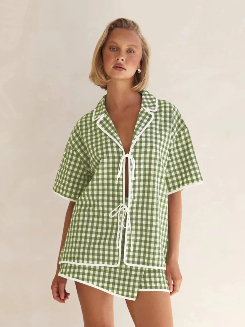 Marthaqiqi Plaid Female Nightgowns Suit Half Sleeve Nightwear Lace Up Pajamas Turn-Down Collar Nightie Skirt Casual Home Clothes