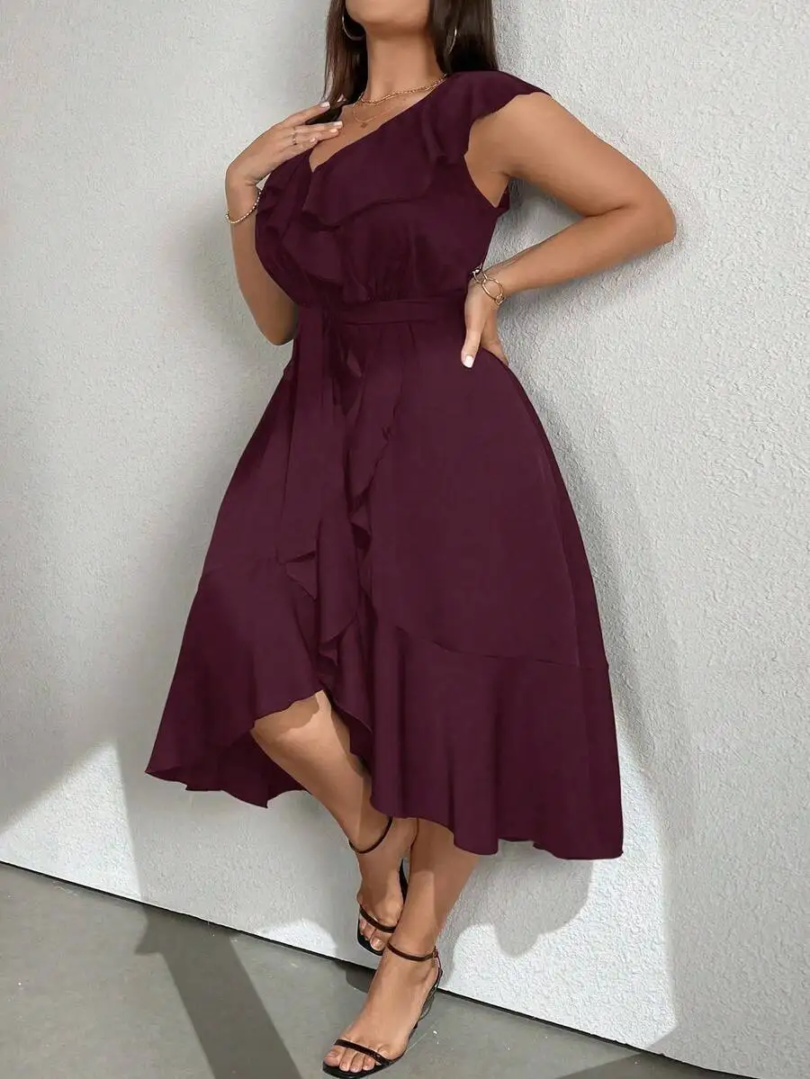 

Burgundy V-Neck Ruffle Trim Asymmetrical Hem Midi Dress For Women