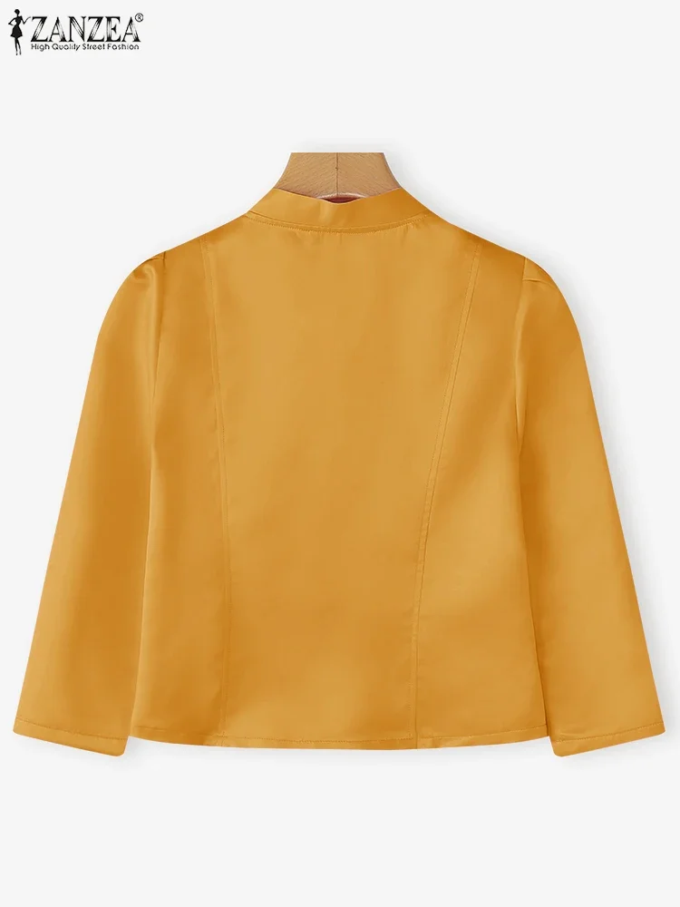 ZANZEA femmes élégantes mode bureau dame OL chemises Blouse Sexy col en v décontracté couleur unie hauts tunique boutons manches bouffantes Blusas