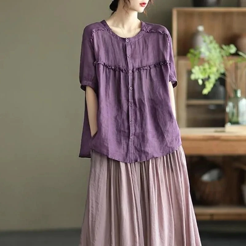 

Cotton Linen ort Sve irt Women Summer Thin Doll irt Lace Trim Linen Casual Top Loose Fit round Ne Polyester Blend