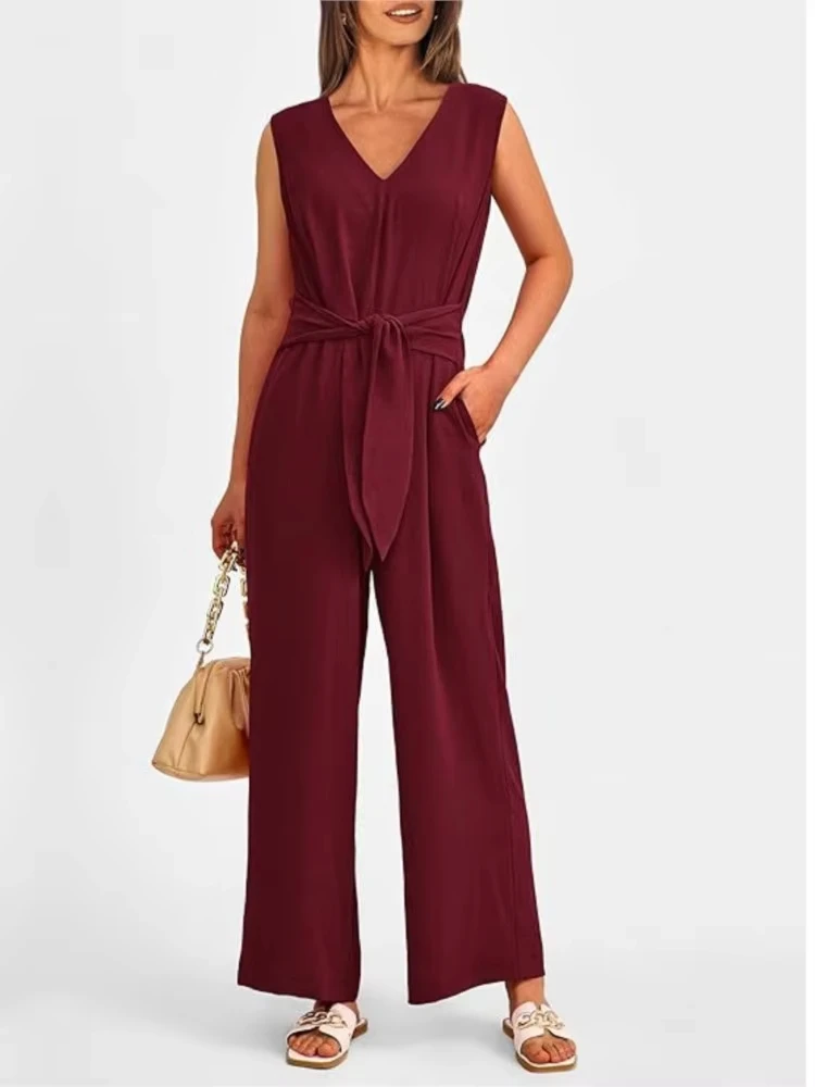

Women's fashionable wide-leg pants jumpsuit - Summer 2025 sexy V-neck short-sleeved high-waisted fitted one-piece dress for womn