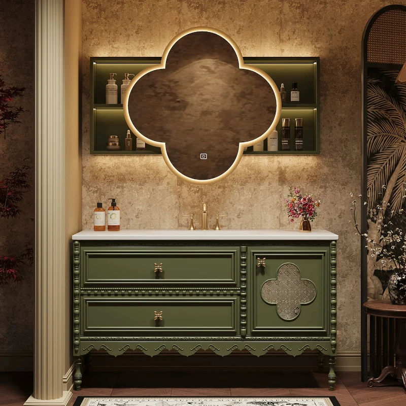 

Retro Dark Green Solid Wood Bath Cabinet Embossed Clover Door Design Stone Top Wash Basin & Backlit Open Shelf Floral Mirror