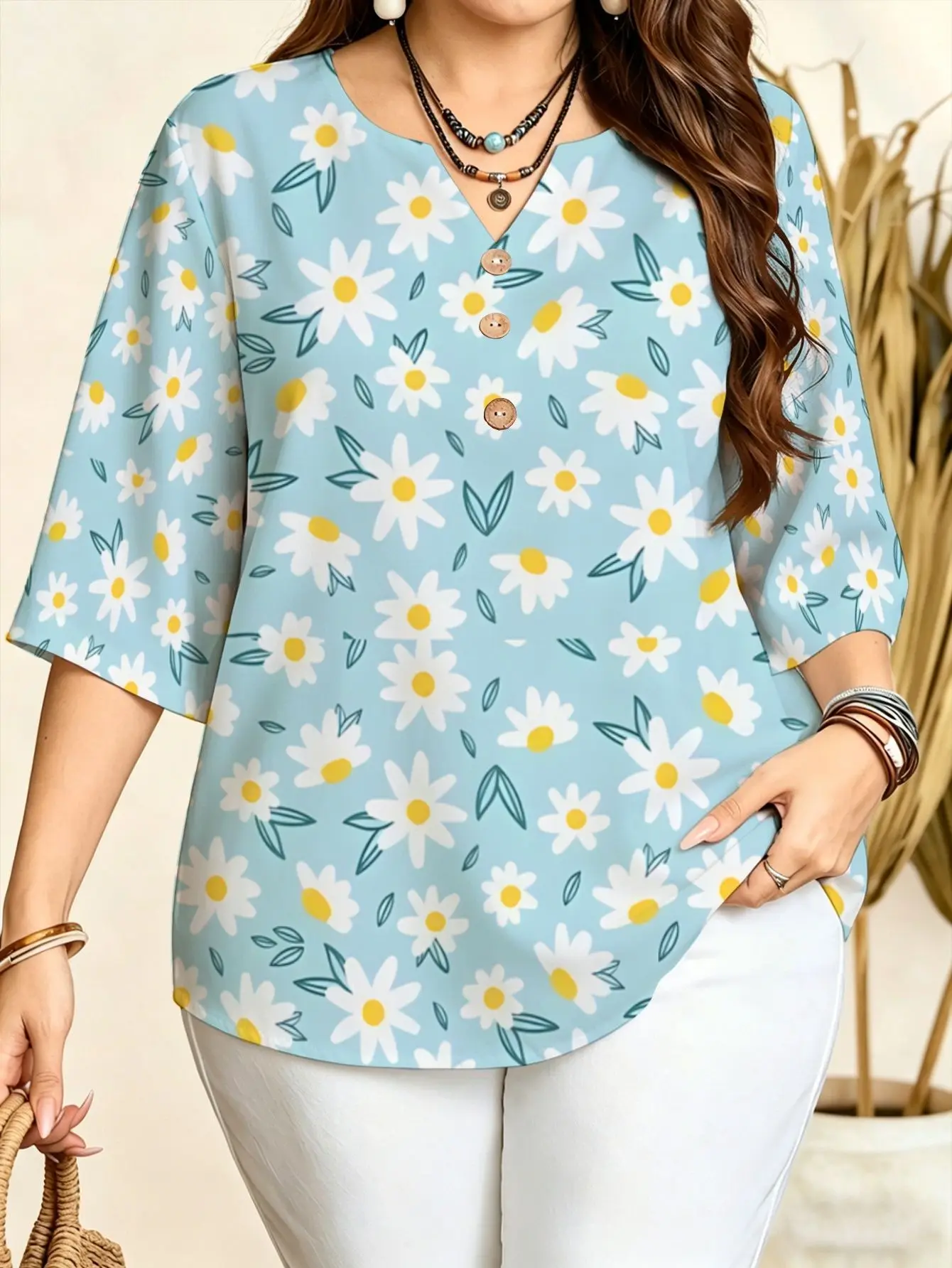 All Over Floral Print Women Blouse 3/4 Sleeve Notch V Neck Three Decor Buttons Light Soft Summer Casual Tops
