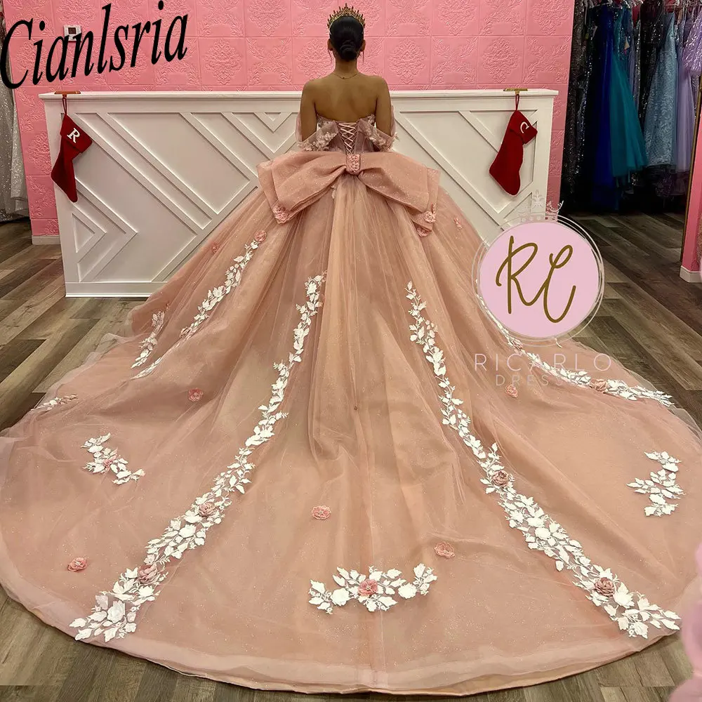 Vestido De baile con lazo De encaje para quinceañera, apliques rosas, hombros descubiertos, corsé De flores 3D, 15 Años