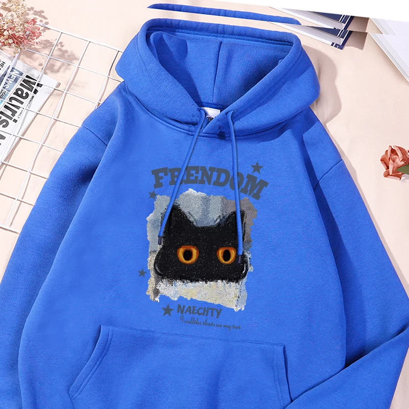 Frendom Cute Black Cat Printing Hooded Men Fleece Warm Warm Hoodies Hip Hop Round Neck Hoodies Fashion Casual S-Xxl Tops Man