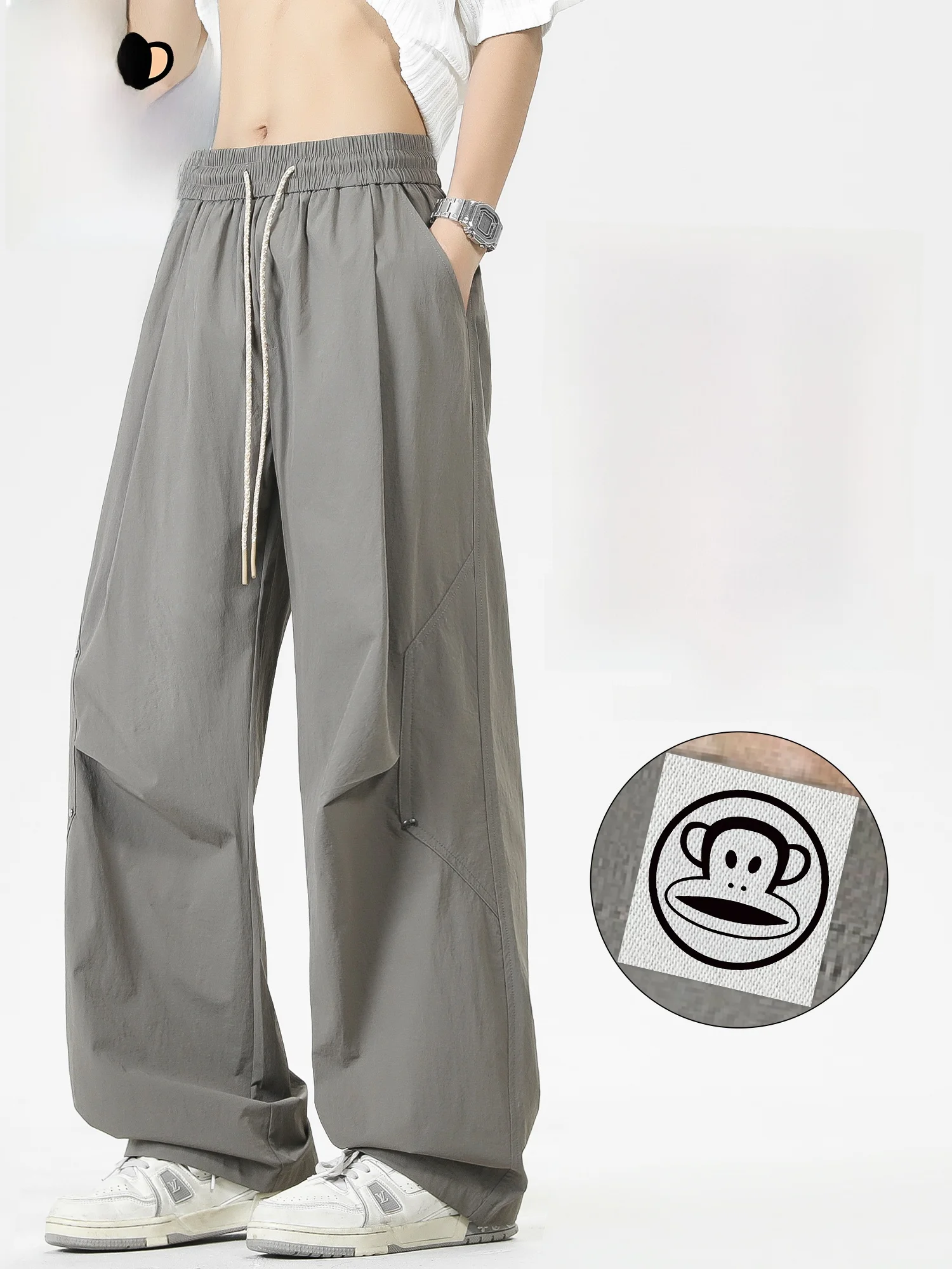 

PaulFrank Summer Thin Men's Casual Loose Wide Leg Workwear Pants American Trend Straight Tube Elastic Waist Non-ironed