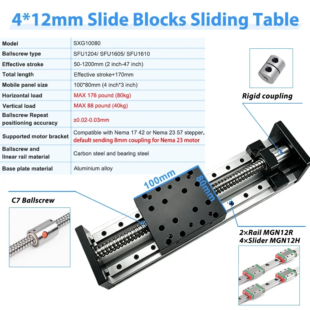 Kit de Accionamiento para Mesa Lineal Motorizada, Mesa Deslizante con Husillo de Bolas CNC SFU1605/SFU1610, Actuador Lineal para Eje XYZ, Máx. 80KG