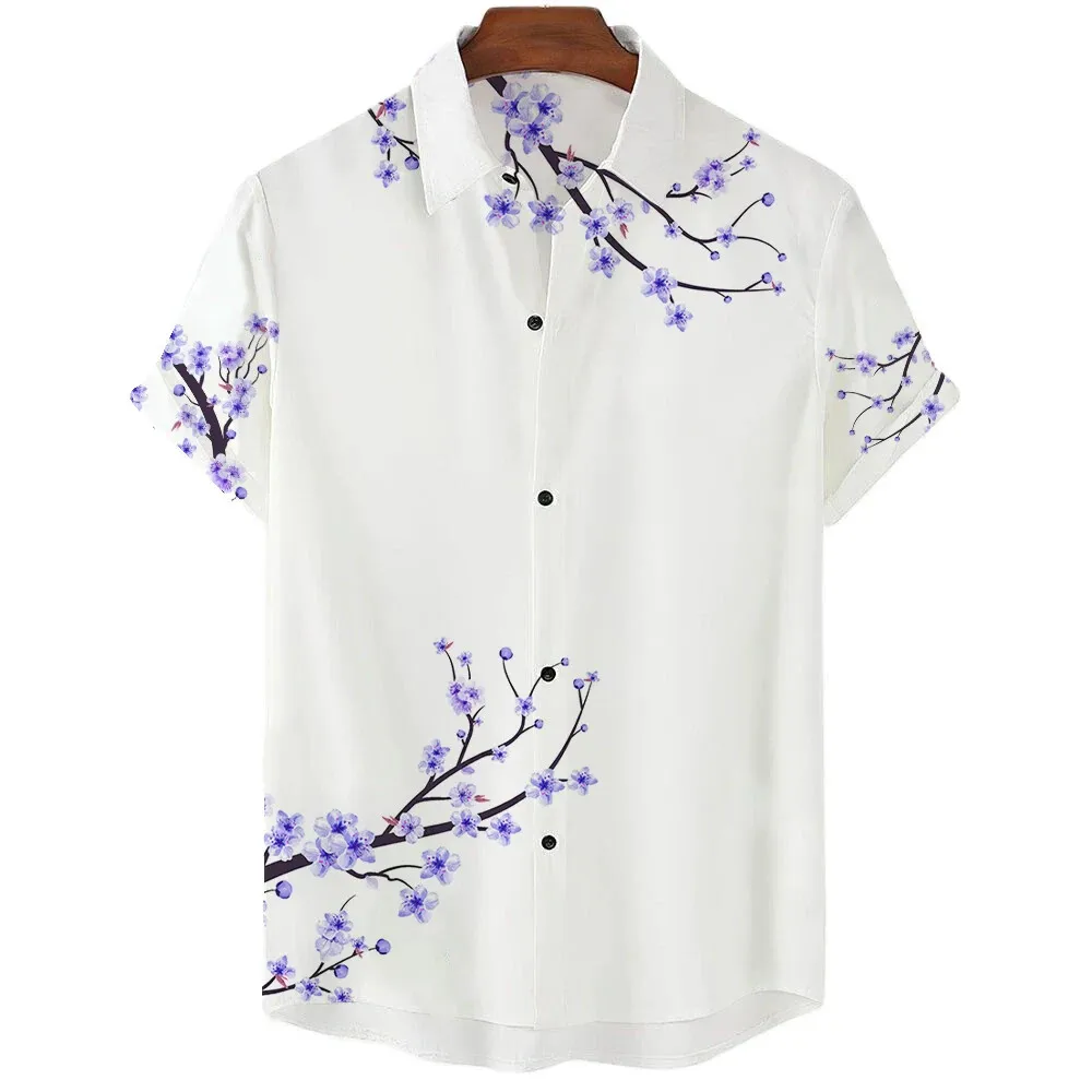 Pure White Simple Design Cherry Blossom Print Men\'s Casual Short Sleeve Shirt Summer Floral Casual Vacation Men\'s Top Oversized