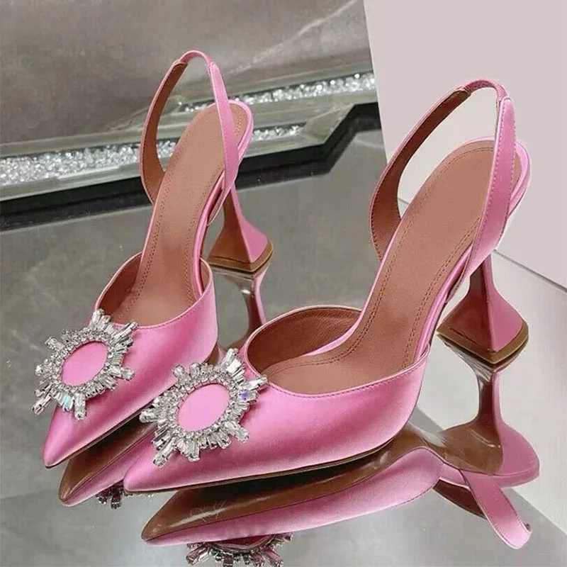 2025 Spring/Summer New High Heels Silk Fashion Crystal Sun Buckle Pointed Banquet Wine Glass with Shallow Mouth Women's Sandals image 3