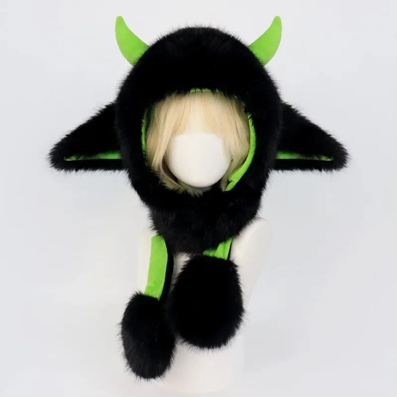 Unisex Faux Fur Ox Horns Hat Animal Ear Plush Hat Animal Party Cosplay Hooded Earflap Hat Windproof Ear Protection Cartoon Cap
