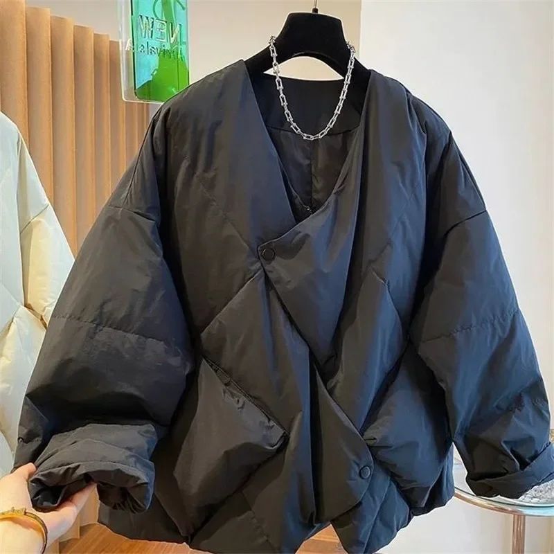 Giacca in cotone irregolare dal design di fascia alta Donna Inverno Nuovo cappotto da donna con cerniera allentata Capispalla donna basic con scollo a V